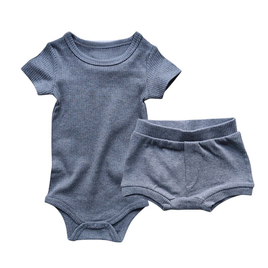 2-delige geribbelde set grijsblauw